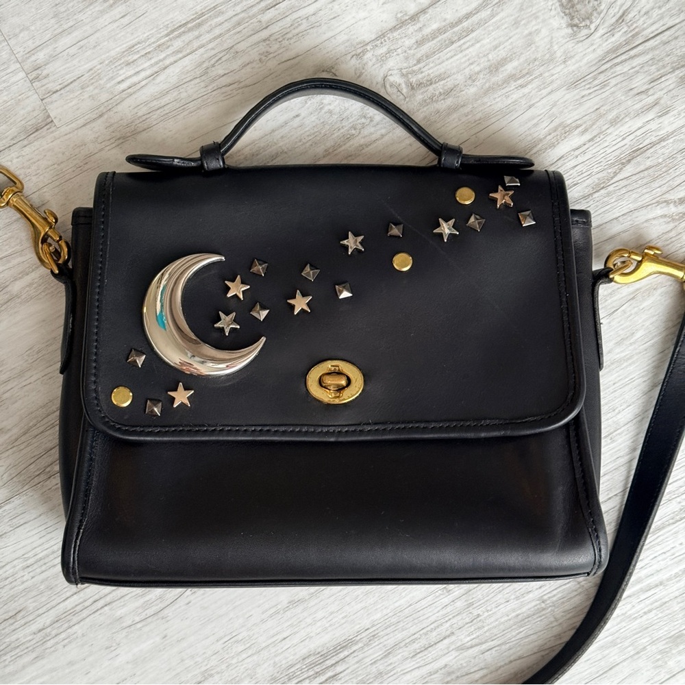 Vintage Coach Court Bag BlK Leather Crossbody Purse Handbag - Custom Star & Moon